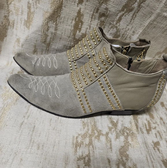 ANINE BING Charlie Low Grey Suede Gold Studded Point Toe Side Zip Shoe 37/7 - Picture 6 of 16